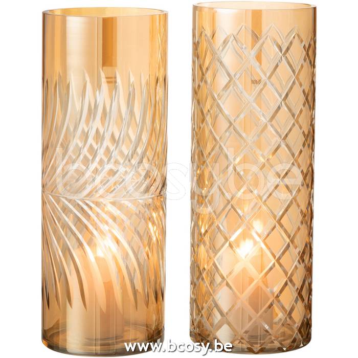 J-Line Windlicht Diamant Glas Goud X-Large L11xB11xH32 cm Assortiment van 2  stuks Jline 16834 J-line 16834 <span style=font-size: 6pt;> windlichten- lanternes-photophores-lanterns-hurricanes-lanternen </span> - Thee  Windlichten Kandelaars 